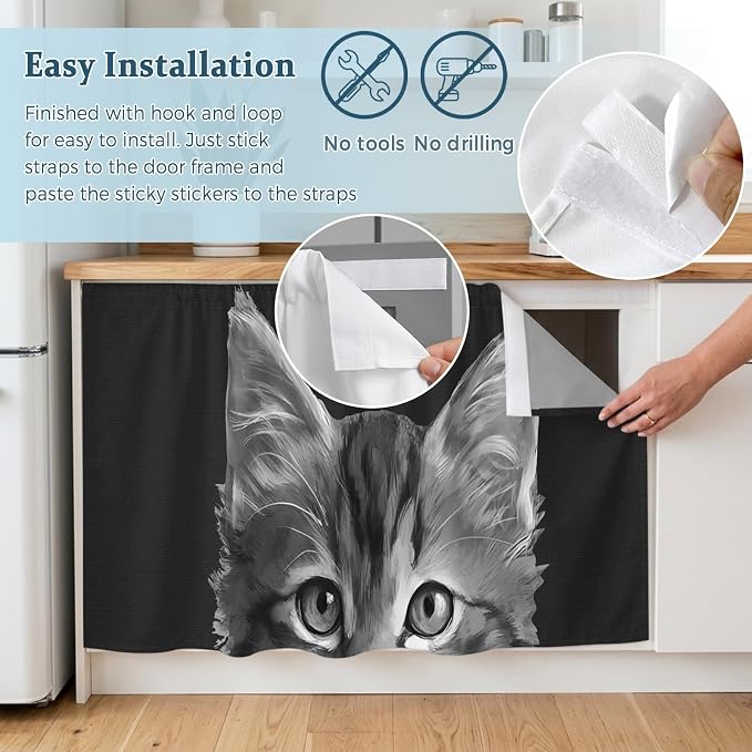 Black Cat Small Sink Skirt 10"Wx11"L, Dustproof Under Sink Curtain with Self Adhesive Tape, Cute Pets Eyes Fur Vintage Oil Painting Cabinet Curtain Cover for Bathroom Vanity, Kitchen Storage Shelf, RV