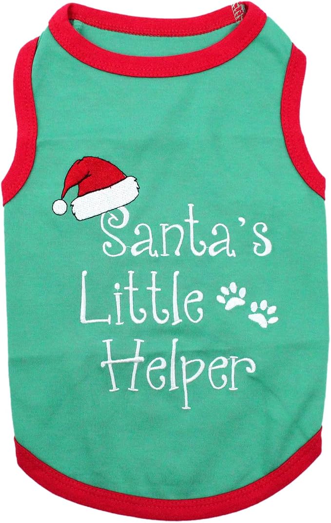 Parisian Pet Dog T-Shirt - Embroidered “Santa’s Little Helper “ Shirt - Lightweight Cotton Dog Christmas Outfit - Sleeveless Christmas Pet Clothes - Shirts for Large Dogs - XL