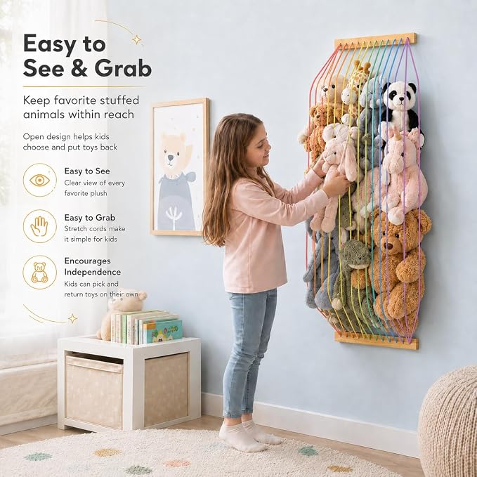 Stuffed Animal Storage Wood Soft Toy Organizer for Kids Room，Cute and Durable Wall or Door Mount Length Adjustable Hanging Stuffed Animal Toy Organizer Shelf for Nursery Play Room Rainbow -Patent