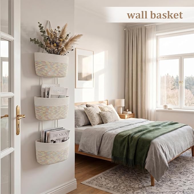 TeoKJ Over the Door Hanging Basket, 3-Tier Woven Cotton Wall-Mounted Storage Organizer Bag Decorative Hanging Nursery Baskets, White & Rainbow Stitching