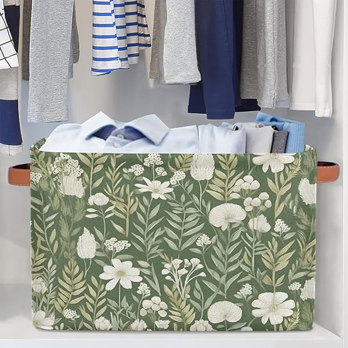 White Flower Green Leaf Rectangular Storage Bin Collapsible Storage Basket Organizer Boxes with Leather Handle Storage Cube for Shelves Toy Laundry Nursery 1 PC