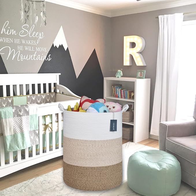 COMSE Tall Woven Blanket & Laundry Basket, 72L, White & Gradient Brown | 15.7”x 21.7”, Cotton Rope, Large Nursery Hamper for Storage of Toys Clothes Towels, Great for Living Rooms Bedrooms Bathrooms