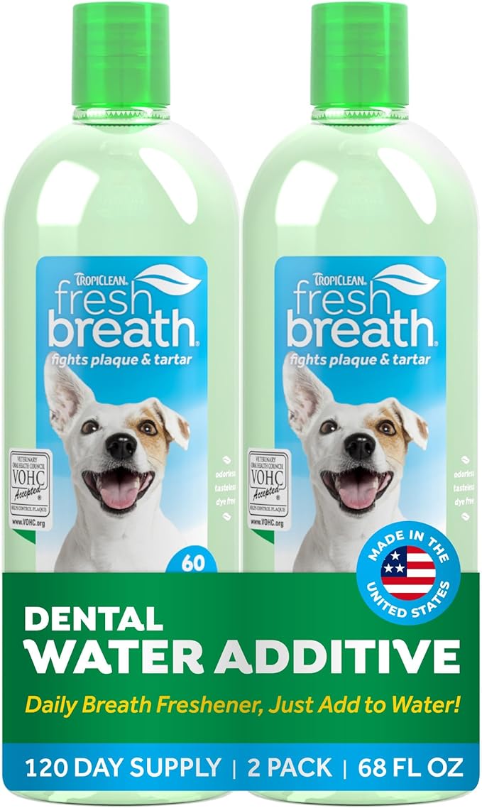 TropiClean Fresh Breath Water Additive for Dogs 2-Pack, 33.8oz Each — Dog Breath Freshener & Teeth Cleaning Solution, Better Value for Daily Use