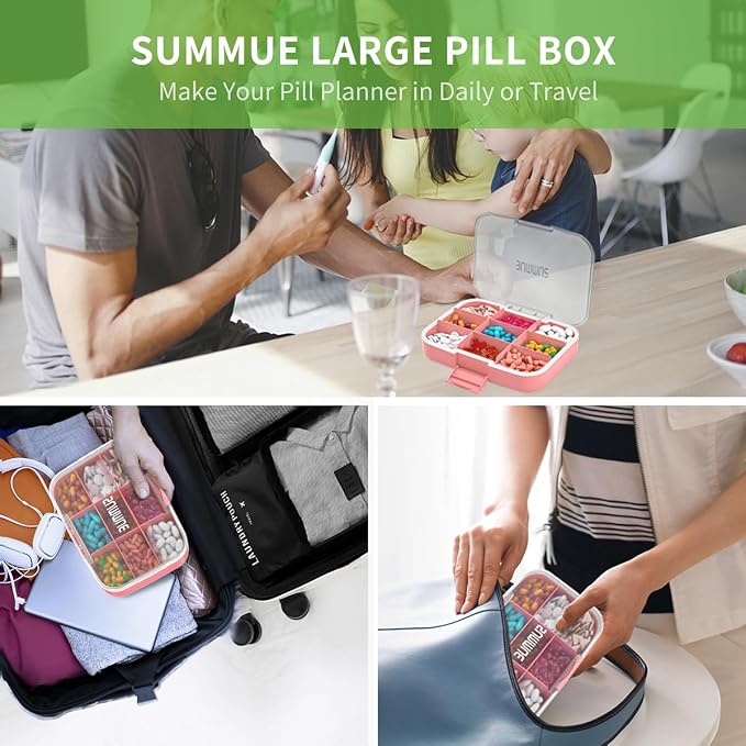 Large Pill Organizer, 9 Compartments Portable Travel Pill Box Case Moisture Proof, XL Pill Container Holder for Vitamins, Cod Liver Oil, Supplements, Medication (Pink)