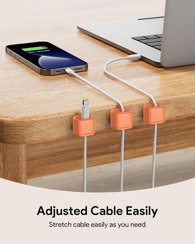 8 Pack Cord Organizer, Magnetic Cable Clips, Under Desk Management, Orange | 0.27in Cable Compatible,Strong Adheive Wire Holder Keeper,Easy Open Phone Charger Holder for Home Car Desk Nightstand Office