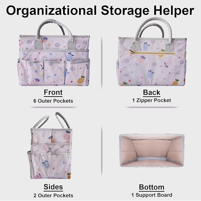 Cupohus Craft Organizer Tote Bag, Pink Fruit Sewing Bag for Art | Supply Storage Bags with Pockets and Handles, Oxford Fabric Carrying Caddy for Teacher, Officer, Artist, Traveler, and More
