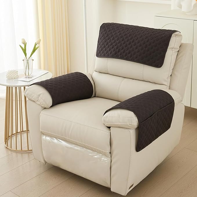 Recliner Arm Covers with Pockets & Headrest Protector- Non-Slip Quilted Stretch Armrest Covers, Washable Sofa Armchair Organizer for Couch, Pet Scratch Resistant(Black)