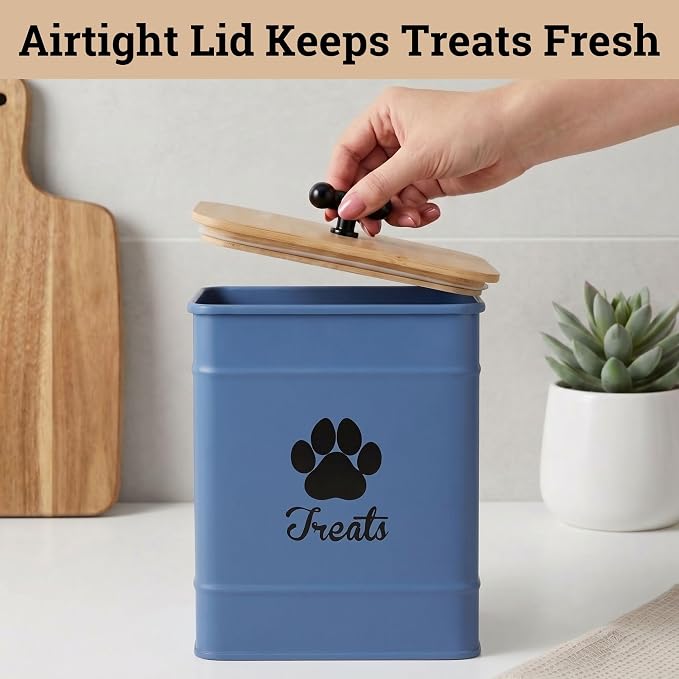 Dog Treat Container Airtight, 6"W x 8"H, Powder Coated, 12 Cup Capacity | Fits All Popular Treats, 12 Cup Capacity, Airtight Bamboo Lid, Easy Open Lid, Dent-Resistant Durable Metal Bone-Shaped Handle