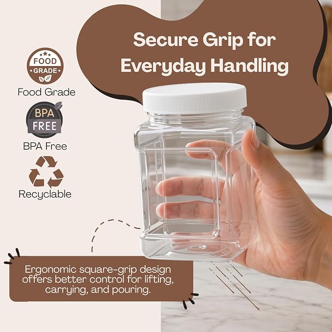 Pride of India Clear Food Grade PET Plastic Jar – 48 Fluid Ounce | Square-Grip Plastic Containers for Snacks, Candy, Cereal, Pet Food, Kitchen, Pantry & Household Storage (4-5 Cup Storage Capacity)