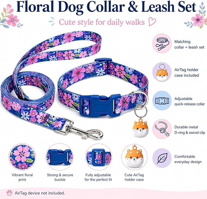 Floral Matching Dog Collar and Leash Set with AirTag Holder-Dark Flower/XS | Anti-Lost,Adjustable Durable Pet Collar Leash Combo for Puppy X-Small Boy Girl Dogs,Outdoor Walking Hiking Training Running