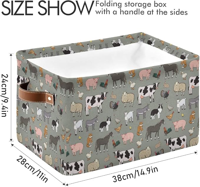 Farm Animals Pattern Rectangle Storage Bin, 15 x 11 x 9.5 in, Collapsible Organizer Storage Basket for Home Décor，2PACK