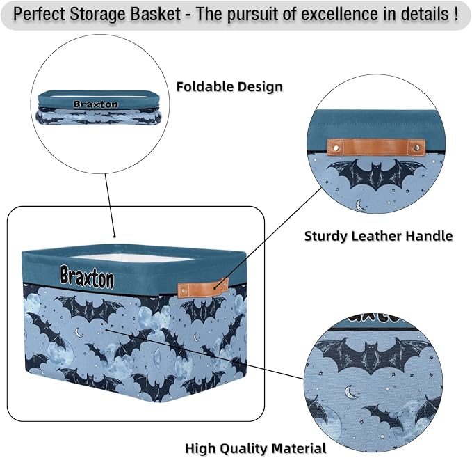 Personalized Storage Bins, Customized Name Storage Basket Rectangle Clothes Organizer for Organizing Kids and Pets Toys Shelf Closet, Dark Blue Bat with Stars