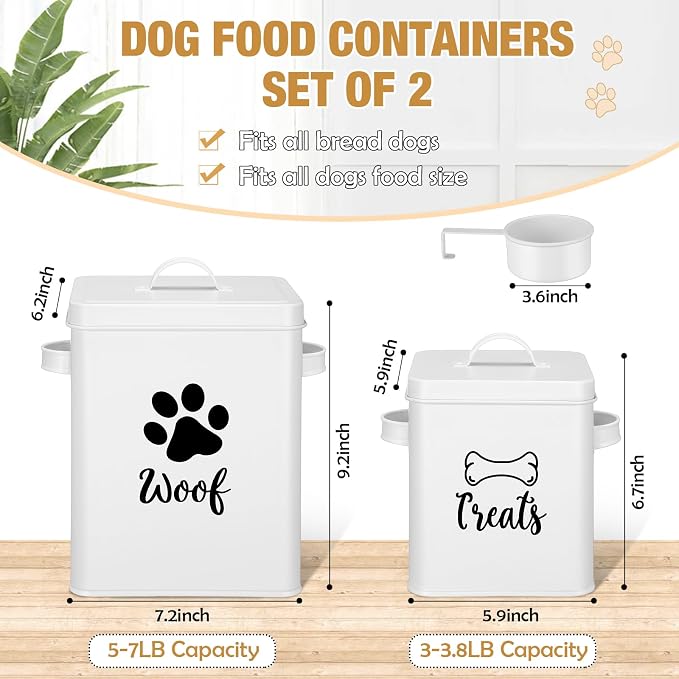 Teenyyou 2 Pcs Metal Dog Treat Containers with Airtight Lids and Spoon 7+3 Lbs Dog Food Snack Jars with DIY Labels Big Pet Cookie Storage Jar for Kitchen Counter (White)