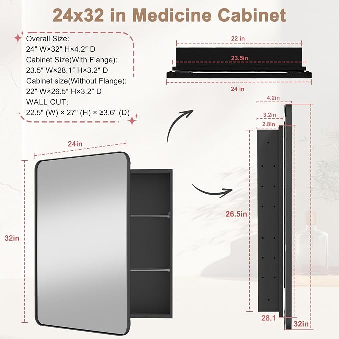 24x32 in Medicine Cabinet with Mirror for Bathroom, Matte Black | Fully Assembled; Recessed or Surface Wall Mount; Metal Cabinet with Tempered Glass Mirror and Two Adjustable Glass Shelves