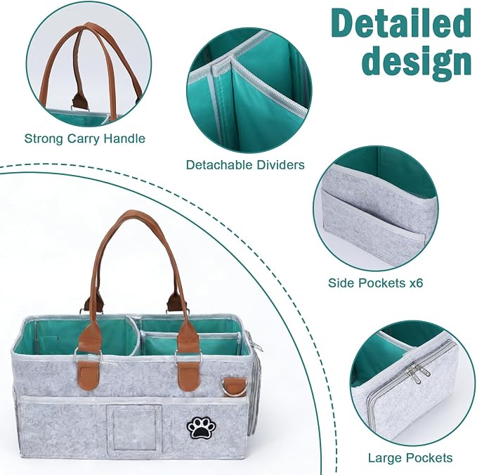 Felt Dog Grooming Bag, Pet Portable Tote Bag with Handle, Dogs Storage Organizer, 3 Compartments Caddy with 8 Pockets, Ideal for Dog Cat Grooming Tool Kit/Diaper/Blanket/Pads-Gray