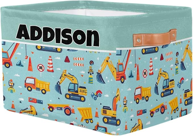 Custom Storage Basket, Personalized Name Rectangle Organizer Bin for Pet/Children Toys, Books, Clothes, Perfect for Rooms/Playroom, Cartoon Construction Site Cranes Excavator