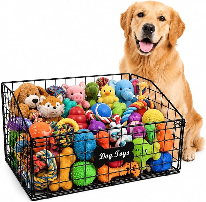 Geyecete Toy box for dogs large Dog Toy organizer Pet wire folding basket DOG TOY container dog toy box-Chew-Proof Dog Food Toy Storage-Black