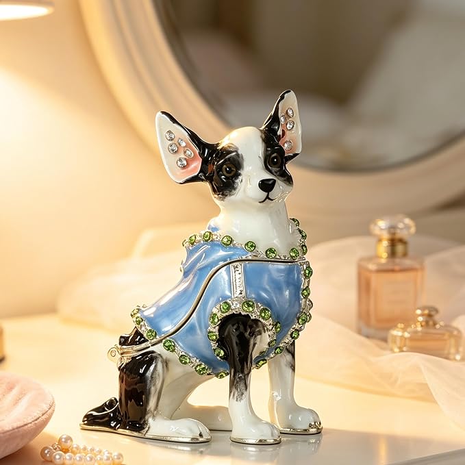 Hand Painted Enamel Chihuahua Trinket Box, Hinged Metal Vintage Jewelry Treasure Organizer