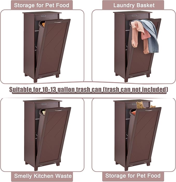 VECELO Tilt Out Kitchen Trash Bin Cabinet, Dog Proof Garbage Can with Wood Holder Free Standing Recycling, Brown