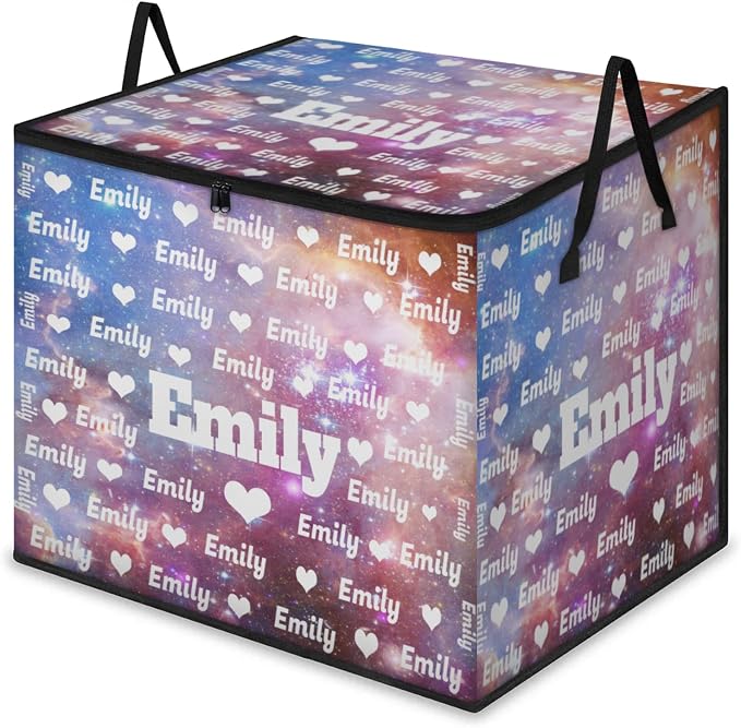 Custom Comforters Storage Basket with Lid, Personalized Name Large Organizer Bin for Pet/Children Toys, Books, Clothes, Perfect for Rooms/Playroom, Galaxy Universe with Love Heart