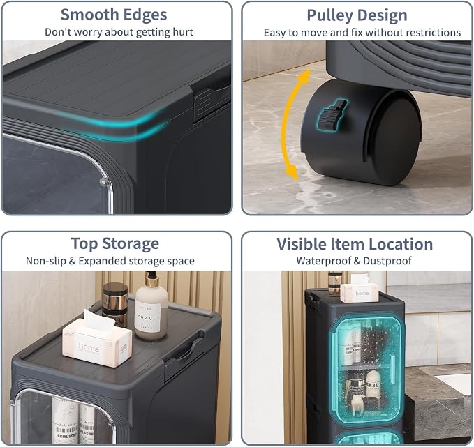 2 Tier Slim Bathroom Storage Cabinet, Foldable and Movable, Black | Tools Free, ABS and PET, Magnetic Clear Door, Adjustable Shelves, Lockable Wheels, Water Resistant, For Narrow Space