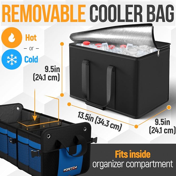 FORTEM Trunk Organizer - Collapsible Car Organizer & Storage Bag for SUVs | Car Accessories for Men & Women, Cooler Bag, Non Slip Bottom, Straps, Soft Cover, 1680D Oxford, 6 Compartments, Blue, 110L