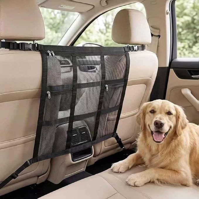 Dog Car Barrier for VW Caddy 2003-2020, Pet Net Organizer | Front Rear Seat Mesh Divider | Breathable Safety Partition | Travel Fence Adjustable Straps | Storage Pockets | Secure Hook