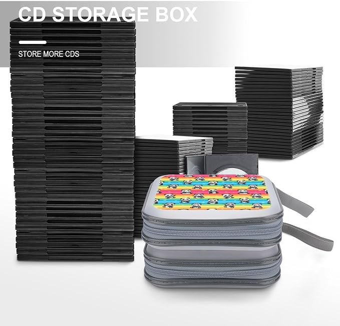 CD Cases 40 Capacity Rainbow Panda Hard Shell Case DVD Holder Wallet | Disc Organizer Storage Binder, Rainbow Cute Unicorns Panda Portable Zipper and Strap, for Home Car Travel