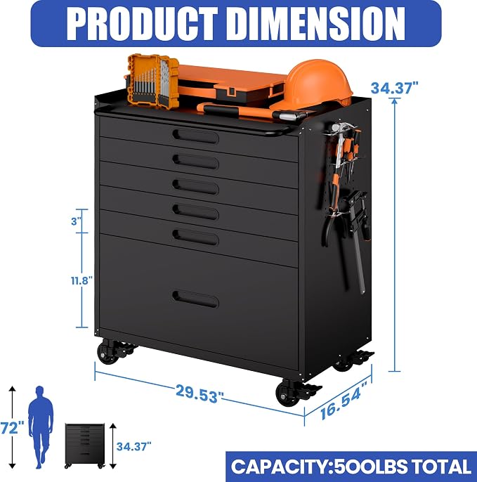 Metal Mobile Tool Storage Cabinet with 6 Drawers,Black | Heavy Duty Rolling Tool Cabinets for Garage,Metal Storage Cabinets with Wheels,Assembly Required