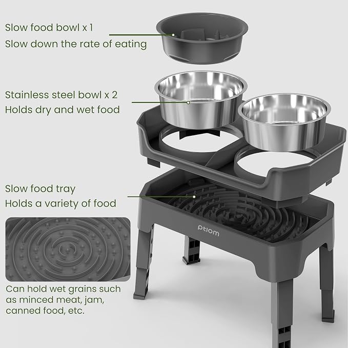 4-in-1 Elevated Slow Feeder Dog Bowls, 4 Height Adjustable Mess Proof Raised Dog Bowl Stand with Licking Plate, 2 Stainless Steel Dog Food Bowl & Slow Feeder for Large Medium Small Dogs Pets