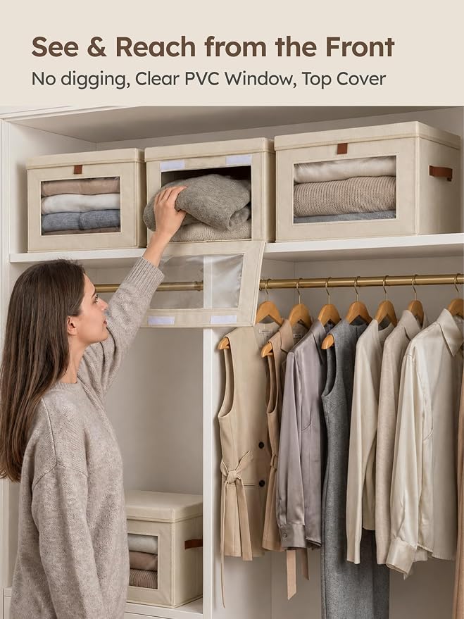 Large Closet Storage Organizer - Clothes Storage Bins with Handles & Window, Collapsible Decorative Boxes with Lids, Fabric Containers for Living Room, Dorm, 5 Pack, Beige