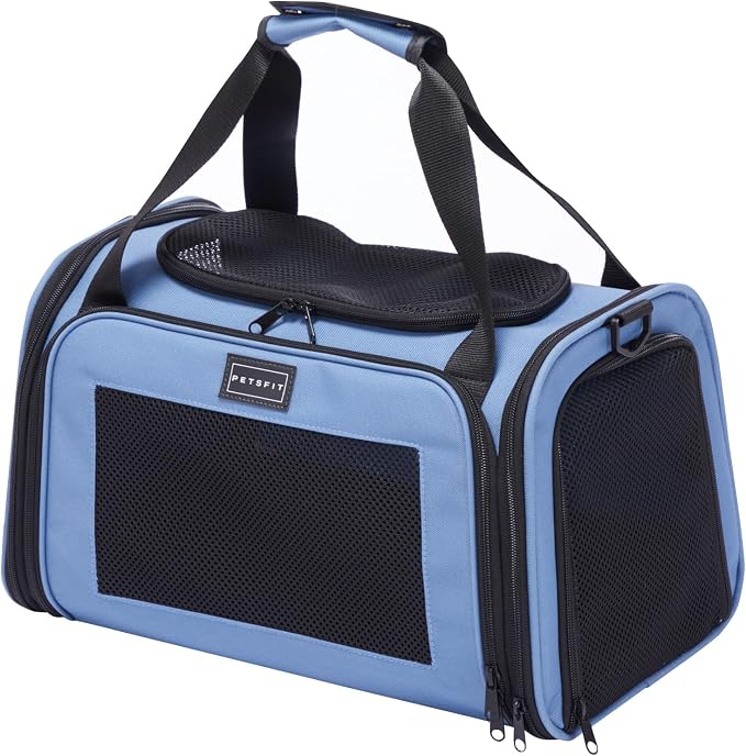 PETSFIT Pet Carrier, Blue, Small and Medium Cats, Puppies Up to 12 Lbs | Dog Carrier, Airline Approved, Collapsible Soft Sided, TSA Approved, Cat Travel Carrier