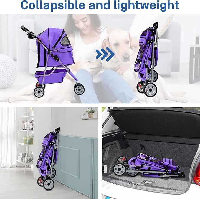 Best 3 Wheels Pet Stroller for Dog Stroller Cat Stroller, Lightweight & Foldable Pet Jogger Stroller, Carrier Strolling Cart W/Cup Holders Removable Liner for Small and Medium Dog Cat or Pet - Purple