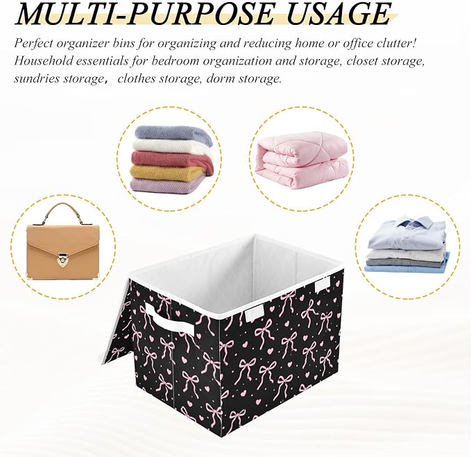 Bow Heart Storage Bins with Lids Closet Bedroom 40L Fabric Bin | Decorative Storage Boxes, Foldable & Stackable, Dust-Proof Flip Top, Reinforced Handles, For Home & Dorm, Clothes & Toy Box