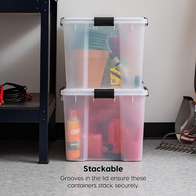 IRIS USA WeatherPro Storage Bins with Lids, 74 Qt Plastic, 4 Pack | Weather-tight gasket protects clothing, food, camping gear, tools, photos, and keepsakes from moisture, dust, and pests.