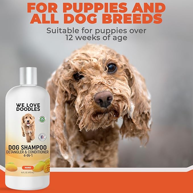 We Love Doodles Dog Shampoo, Conditioner, & Detangler - Shampoo for Dogs, Goldendoodles, Poodles & Doodles, for Matted Pet Hair & Sensitive Skin, Made in The USA, Mango, 16 oz