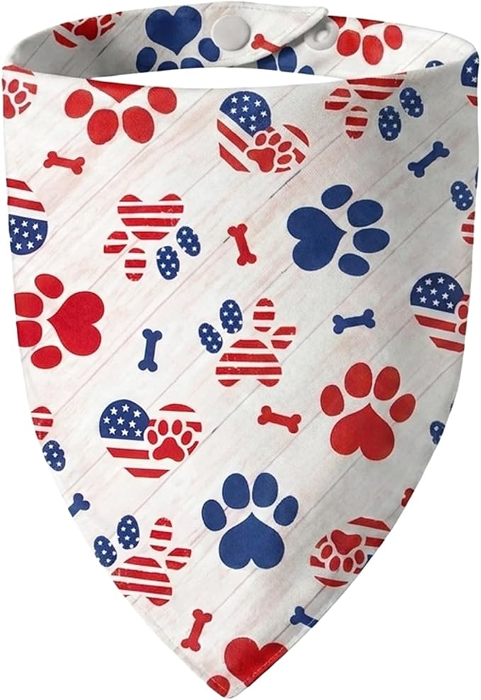 American Flag Dog Bandana,Patriotic Star-Spangled Paw Print Triangle Scarf,Adjustable Snap Button Pet Bib with American Flag Design,Small & Medium Breeds (5-30lbs)