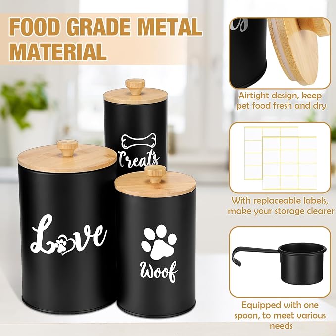 Tioncy 3 Pcs Dog Treat Container Airtight with Lids Spoon 8 x 5 & 7 x 4 & 6 x 4 Inch Dog Treat Jars for Counter with DIY Labels Pen Small Pet Food Storage Canister Cookie Snack Jars for Kitchen(Black)