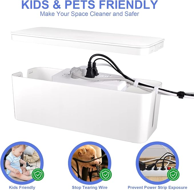3 Pack Cable Organizer Box, Cable Management Box for Surge Protector | Under Desk Power Cover Cord Holder, TV Computer Wires Cord Organizer, Cable Management Set, for Home/Office(White)