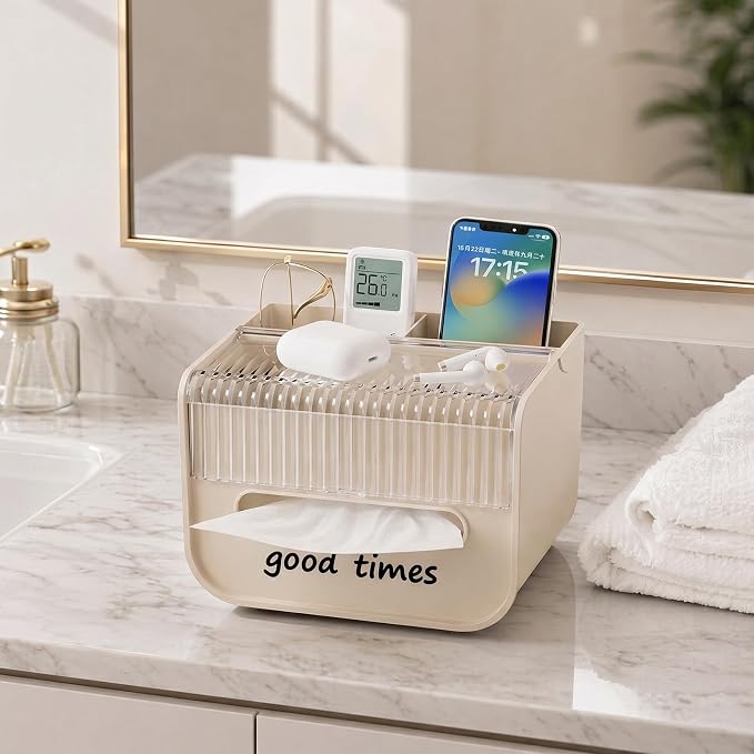 Tissue Box Cover with Storage Tray, Decorative Remote Organizer for Nightstand Bedroom Office Desk