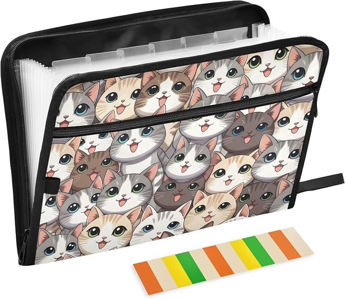 13 Pocket Zipper Expanding File Folder A4 Cat Cute | Accordion File Organizer with Front Pouch A4 Letter Size Portable Folders for Documents Receipt School Office Supplies