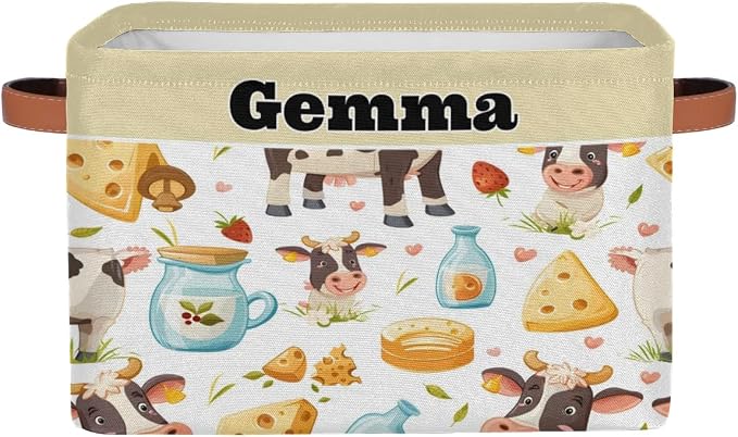 Custom Storage Basket, Personalized Name Rectangle Organizer Bin Cartoon Cow Cheese Milk for Pet/Children Toys, Books, Clothes, Perfect for Rooms/Playroom