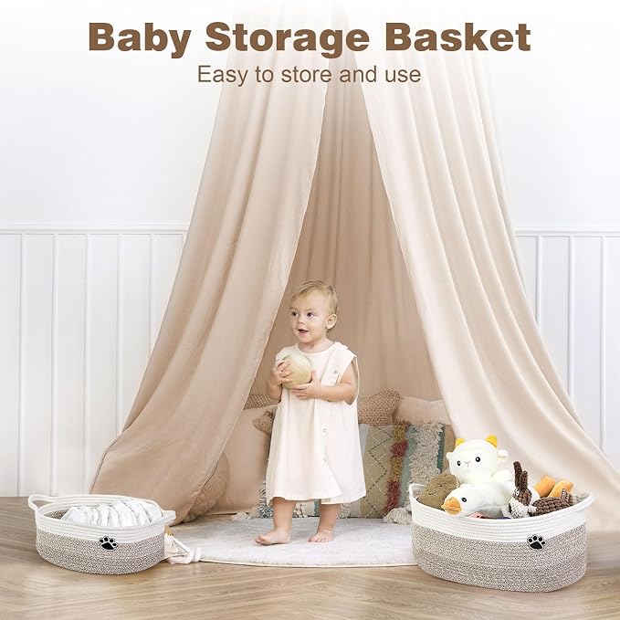 Optish Dog Toy Basket, Toy Box and Bin for Dog Cat Storage, 13.5" X 11" X 5" Small Woven Rope Basket for Baby Storage, Closet, Living Room, White & Brown
