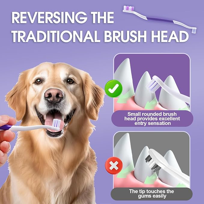 Dog Toothbrush – Newly Upgraded Dual-Head Design with 60° Wavy Bristles–Gently Surrounds Teeth for Deep Cleaning and Plaque Removal – Non-Slip Handle, Ideal for Daily Pet Dental Care (Purple, 1-Pack)