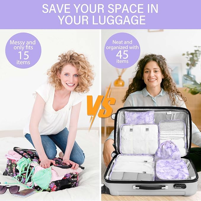 8 Set Packing Cubes for Travel, Luggage Packing Organizers Accessories Large Toiletries Bag for Clothes Shoes Cosmetics (8Set-Purple Marble)