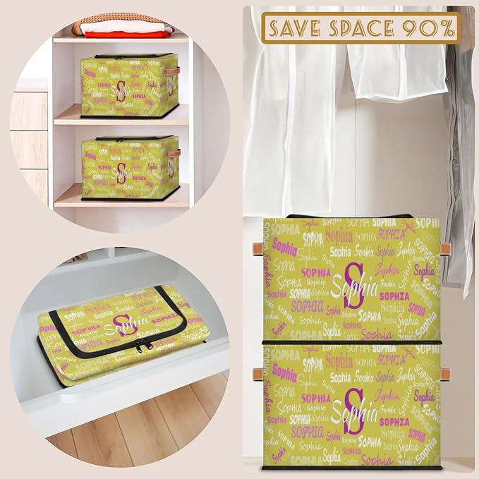 Personalized Name Storage Basket with Zipper Lid, Canvas Storage Bins Toys Clothes Organizer for Bedroom, Kitchen, Bathroom, Nursery, Shelves, Closets, Lemon Yellow Background