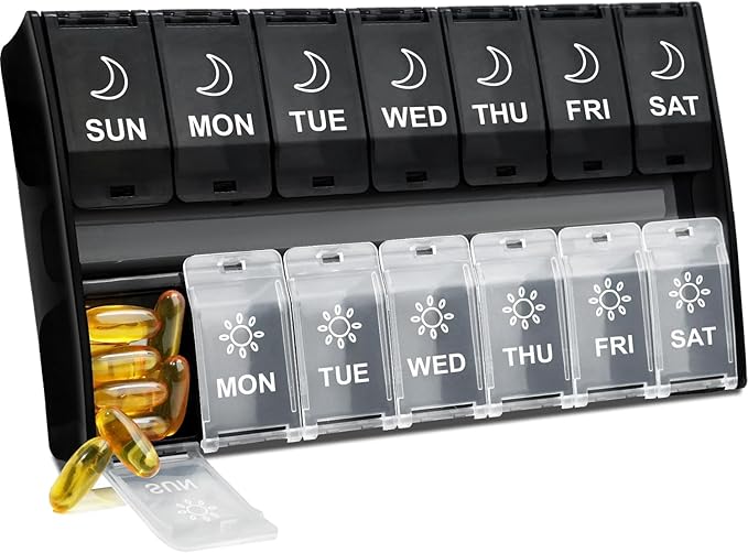 Mossime XL Pill Organizer 2 Times a Day, 7 Day Am Pm Pill Box | Extra Large Holds 14 Fish Oils, Detachable Hinged Lids, Lock Design, BPA Free PP, for Travel & Seniors
