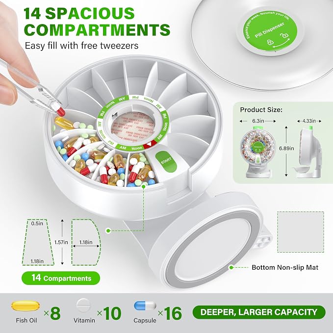 200000 Push Button Test Weekly (14 Days) Large Pill Dispenser Organizer | One Push Button, Magnetic Medicine Bowl, Child Lock, Wall-Mounted, Standing Use, for Vitamin, Medicine, Elderly, Pet Green