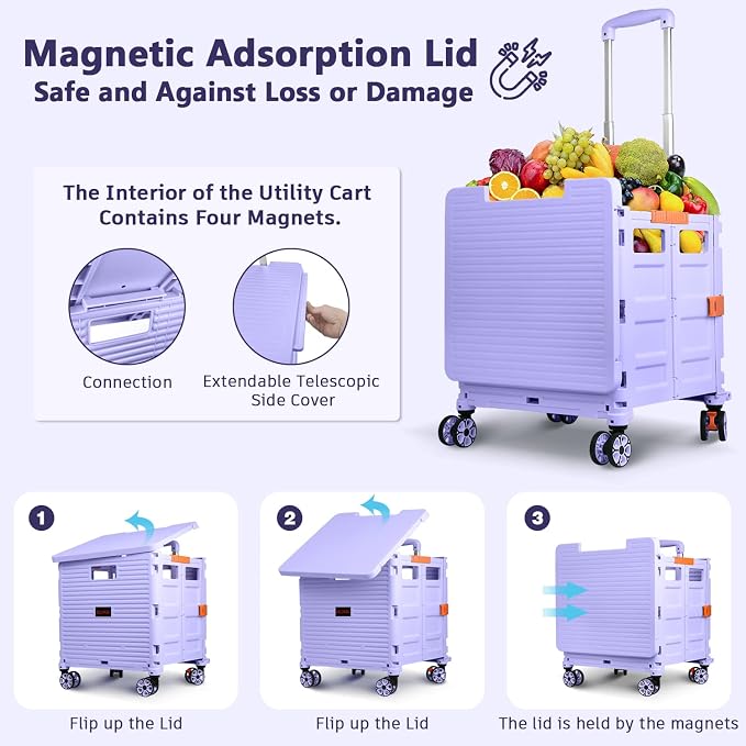 Foldable Utility Cart Collapsible Portable Crate Rolling Carts with Wheels Tote Basket with Magnetic Lid Telescopic Cover Wear-Resistant 360°Rotate Wheel Noiseless for Shopping Storage Office Use