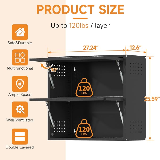 Metal Garage Wall Cabinet with Up-Flip Door, Black Float Tool Cabenit with 2 Doors,Upper Storage Cabinets with Pegboard for Kitchen,Garage,Workshop,Warehouse (25.6" H,Black)